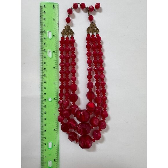 Vintage Triple-Strand Red Lucite Beaded Necklace With Brass Findings & Hook Clas - Picture 13 of 16